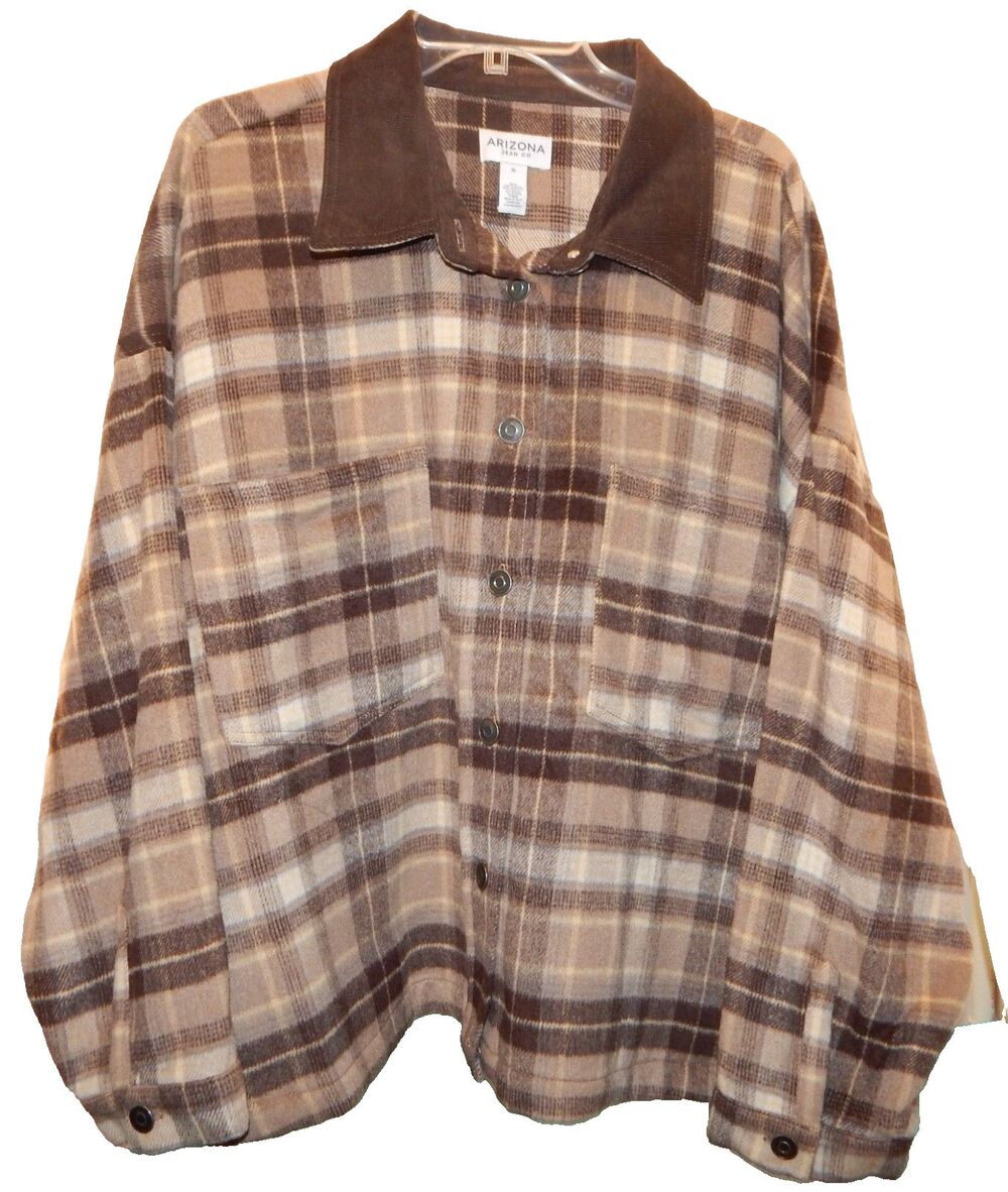 NWT Arizona Womens Juniors XL Midweight Shirt Jacket Brown Plaid Corduroy Collar